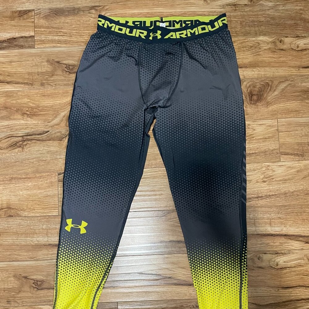 Under Armour UA Heatgear Compression Leggings Tights Black Yellow - Size 2XL